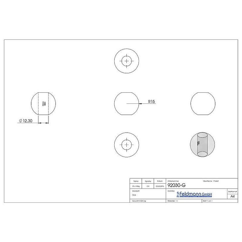 Glass ball green Ø 30mm with through-hole 12.3mm