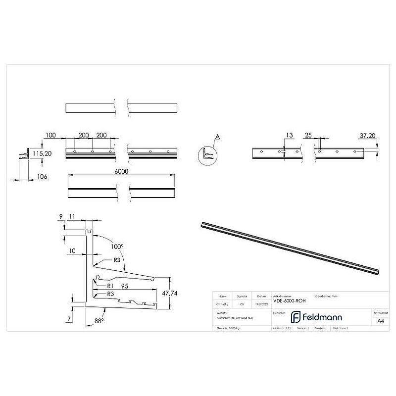 Profilé pour auvent en verre autoportant eleganza canopy, L: 6000mm, brut