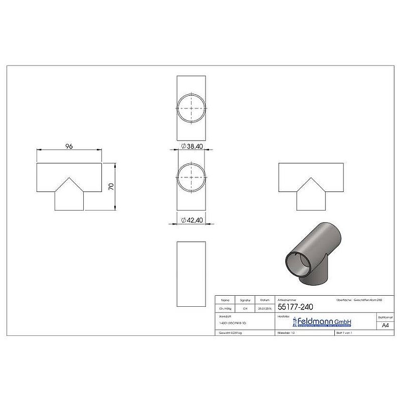 T-piece, 42,4x2,0mm, AISI304