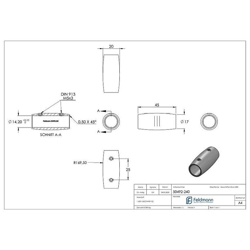 Bar connector for 14mm round, L: 45mm, Ø 20mm, AISI304