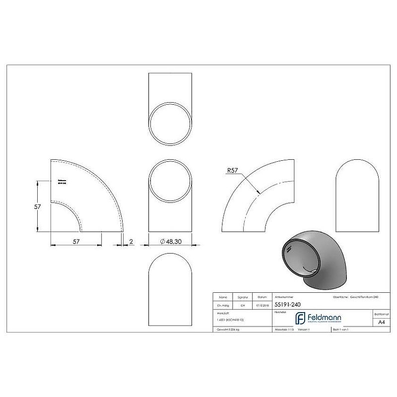 Coude à souder 90°, 48,3x2,0mm, V2A
