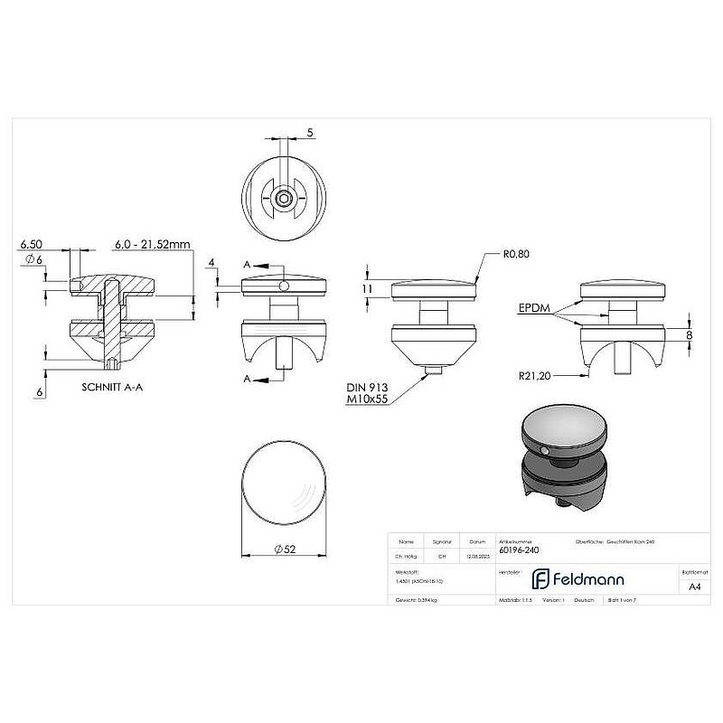 Glass point holder 52mm, connection: 42.4mm, AISI304