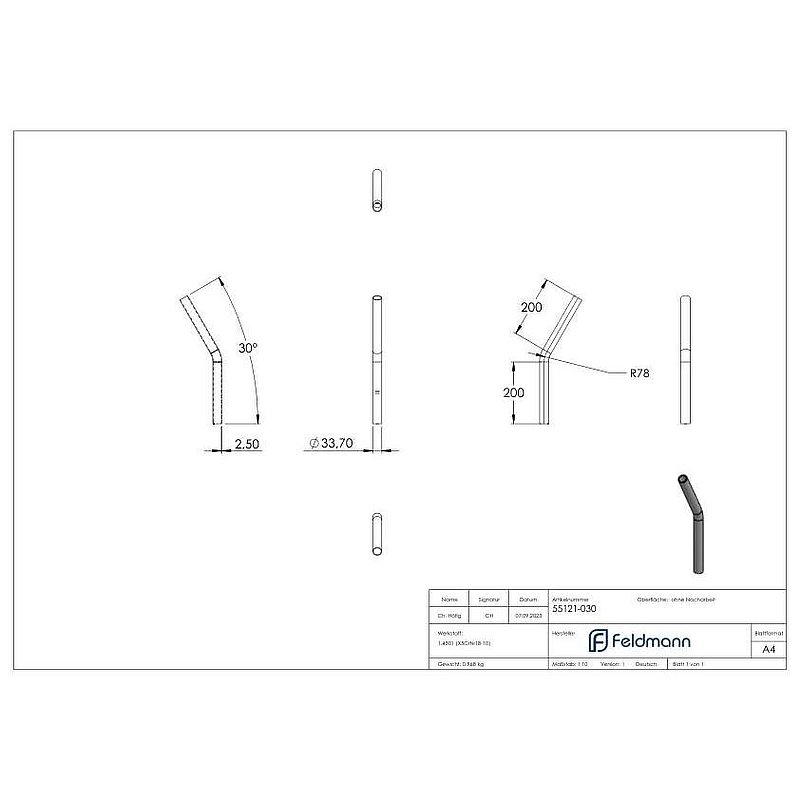 Tube bend 30°, made of tube 33.7x2.5mm, AISI304