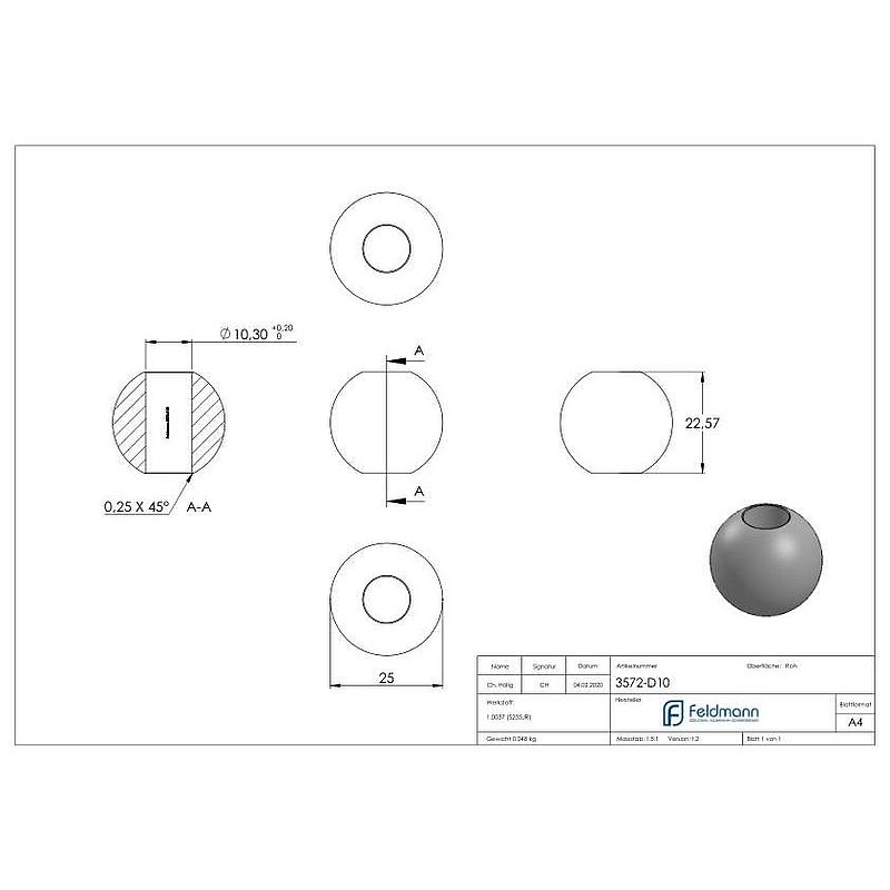 Solid ball 25mm, with through-hole 10.3mm