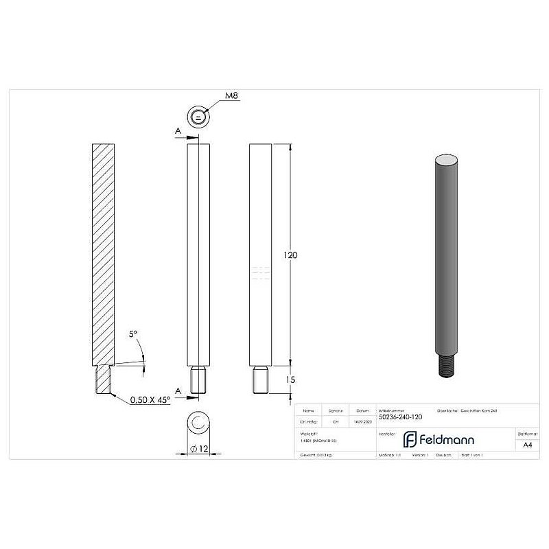 Tige Ø 12mm, L: 120mm, V2A