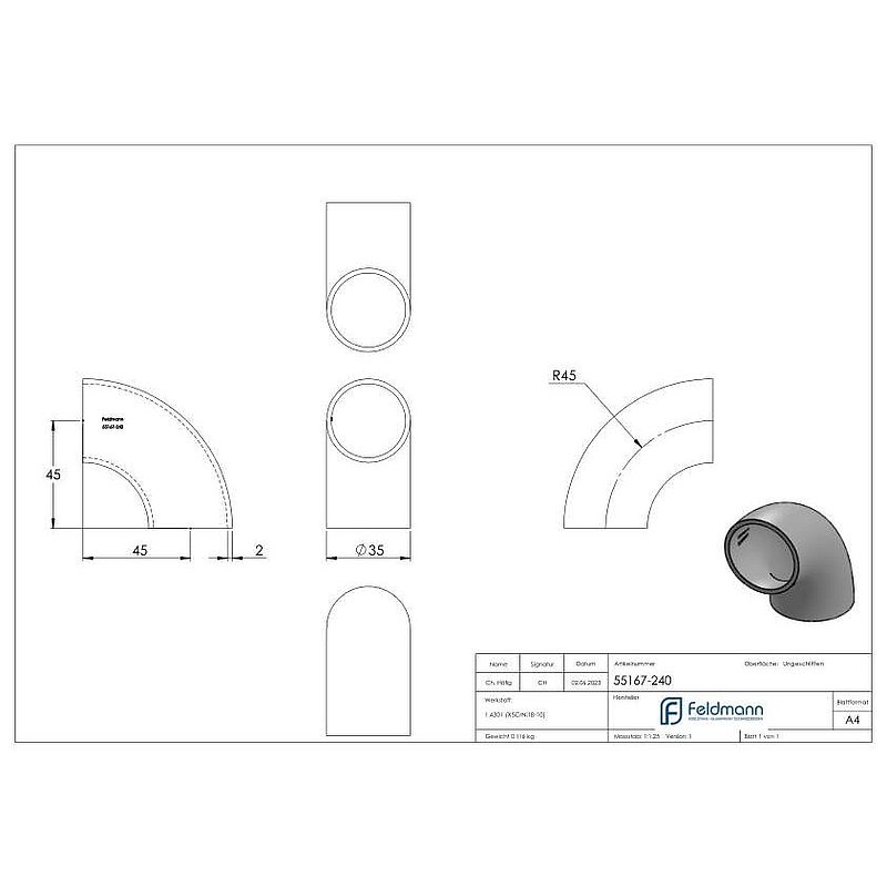 Schweißbogen 90°, 35,0 x 2,0mm, ungeschliffen, V2A