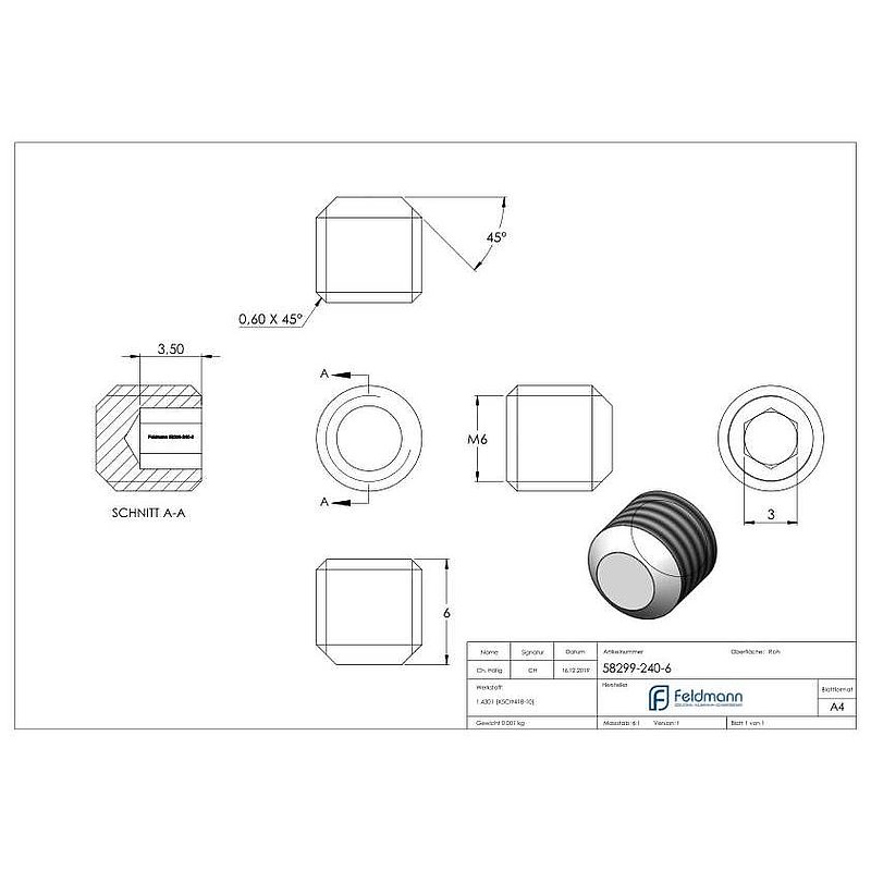 Gewindestift M6x6, V2A, DIN 913 / ISO 4026