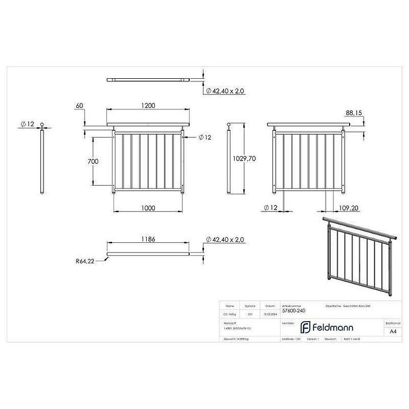 French balcony grille, straight, W: 1000mm, AISI304