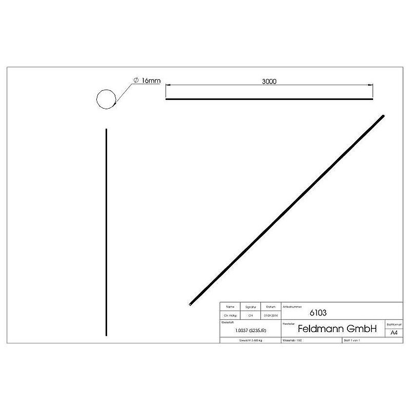 Round bar S235JR, 16mm, L: 3000mm