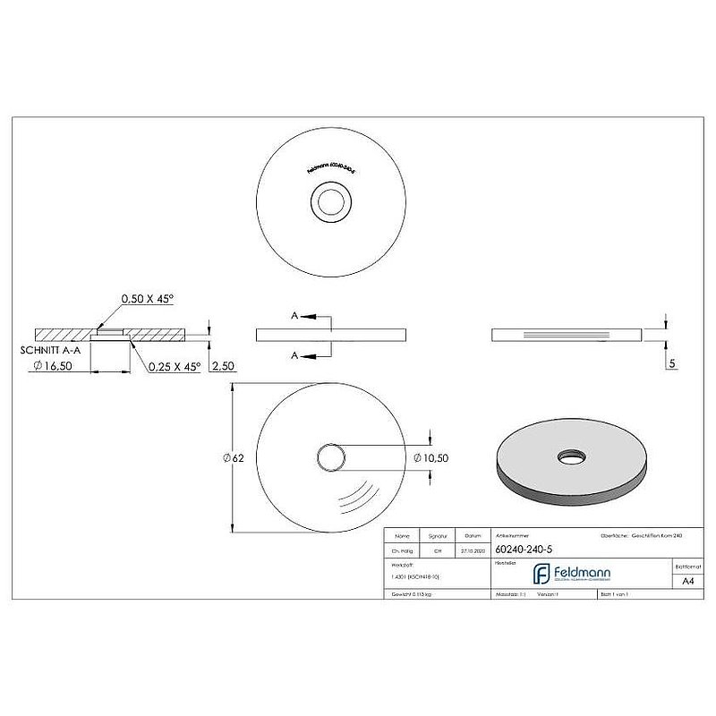 Unterteil für 62mm Glaspunkthalter, t: 5mm, V2A