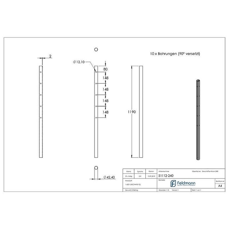 Stainless steel post made of 42.4 mm x 2.0 mm tube, AISI304