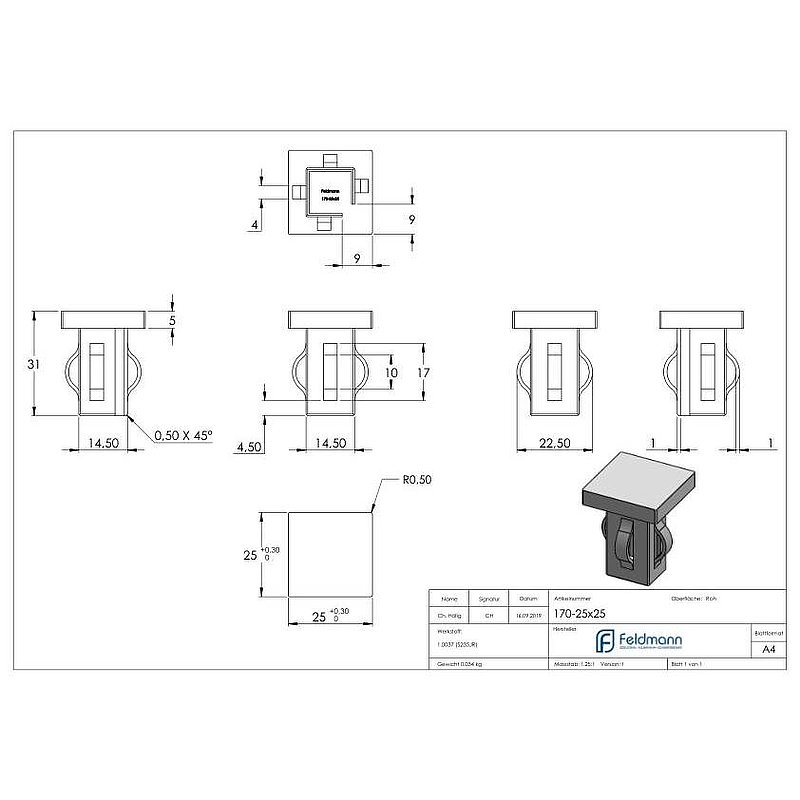 Stahleinschlagkappe, für Quadratrohr 25x25mm