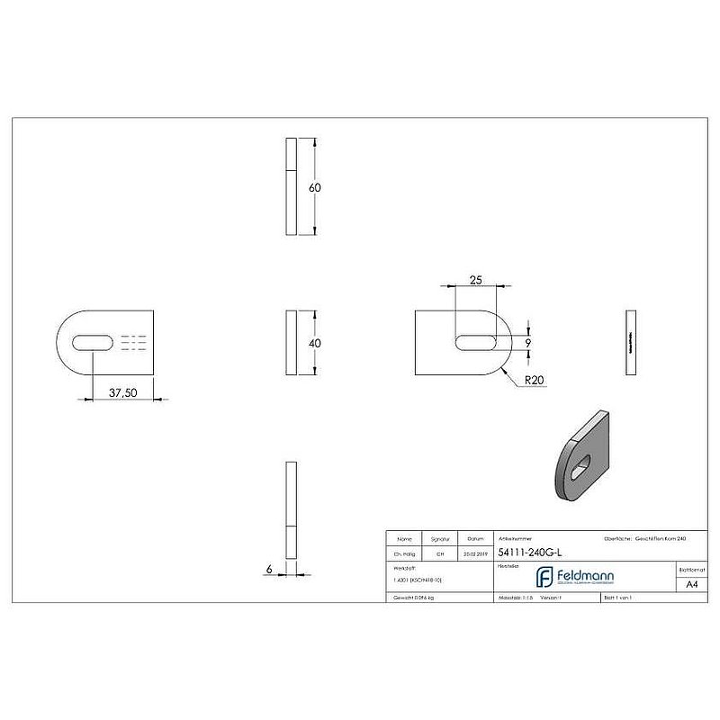 Weld-on bracket, 60x40x6mm, ground, AISI304