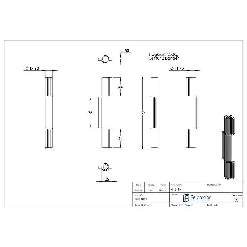 Weld-on hinge 3-piece heavy
