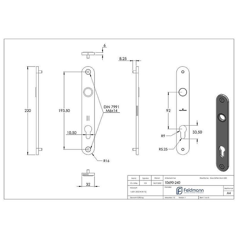 Langschild, Abmessung: 32x220x6mm, V2A