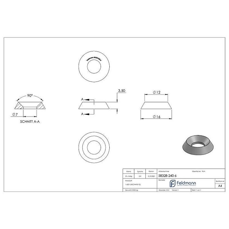 Screw rosette for countersunk screws M6 DIN 7991 / ISO 10642, AISI304