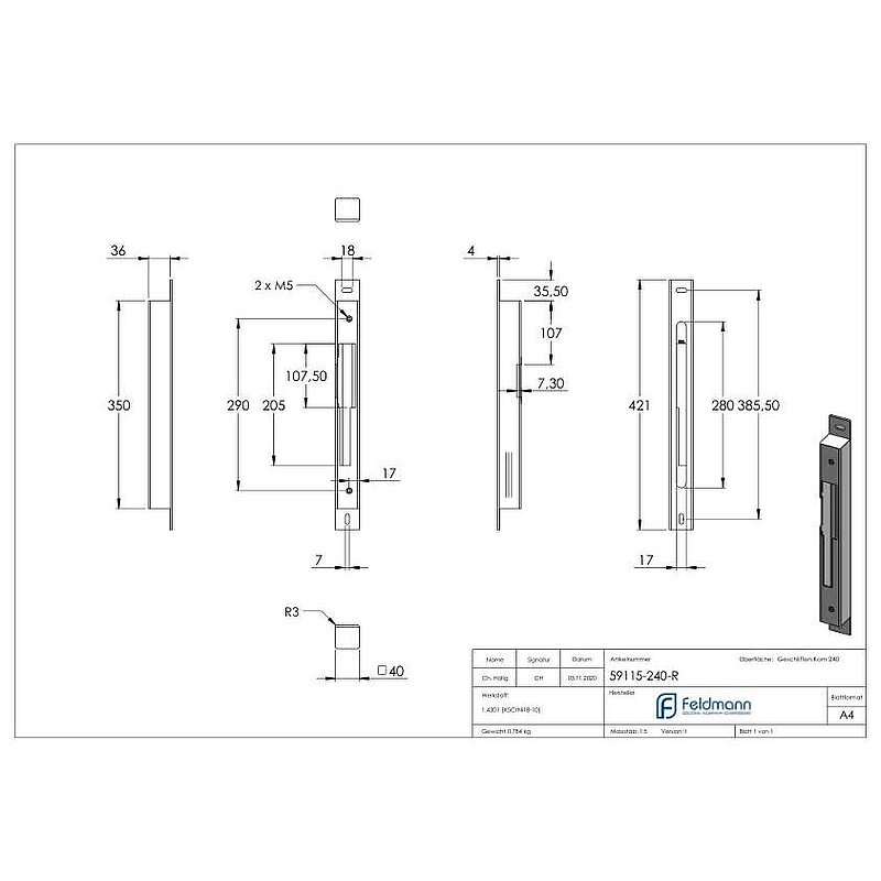 Counter case for screwing on, for spacing 72 / 92 mm for 40mm, DIN R, AISI304