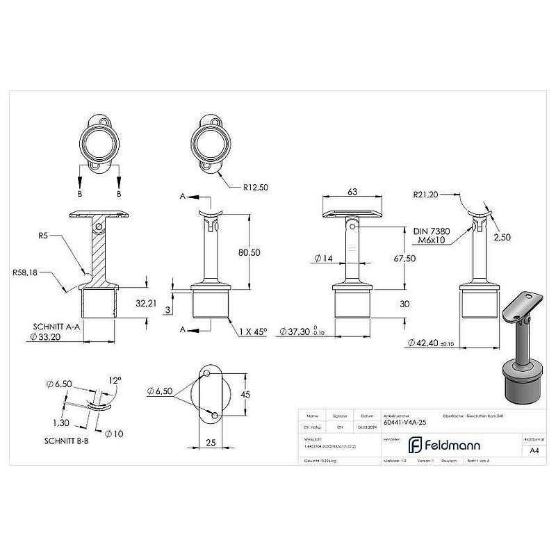 Bouchon pour extrémité de tube avec articulation et plaque de racc. pour tube Ø 42,4x2,5mm, V4A