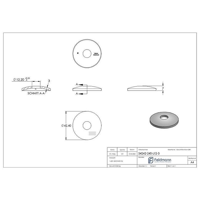 Gewölbte Schale, Ø 42,4mm, mit Bohrung 12,2mm, V2A