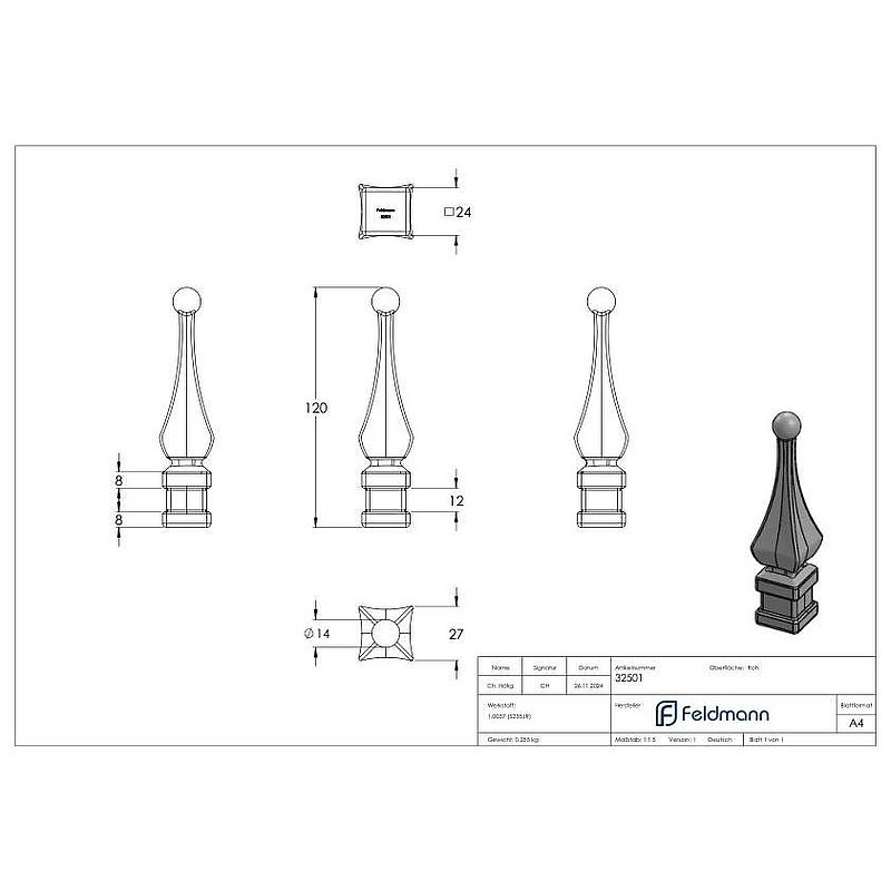 Fence tip, base 24x24mm, 120mm