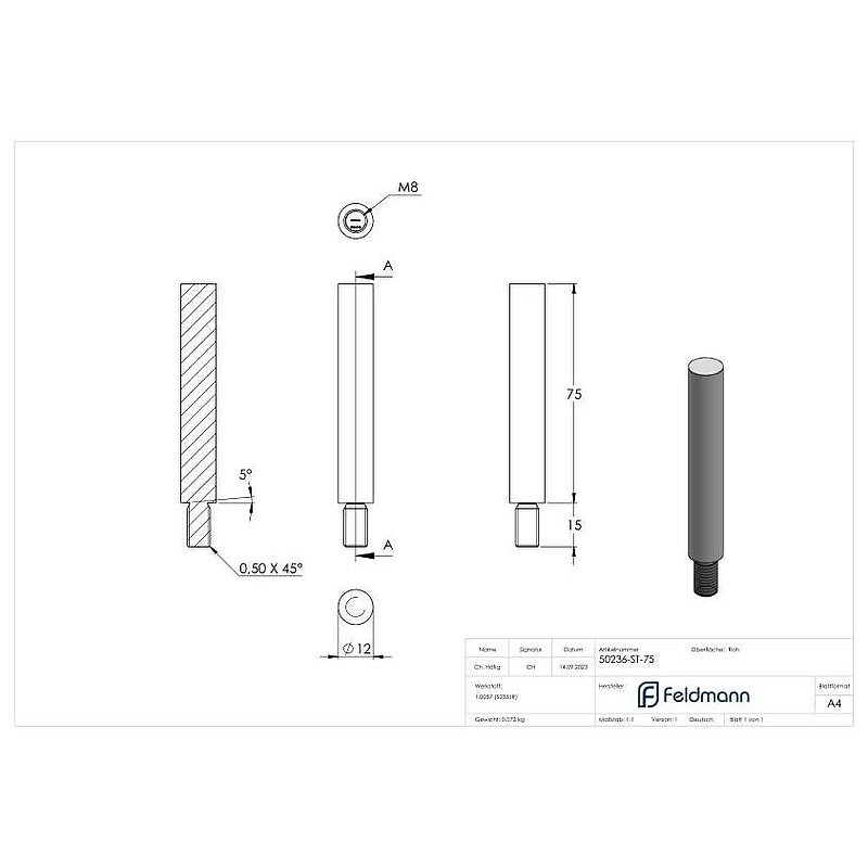 Stift 12mm, L: 75mm