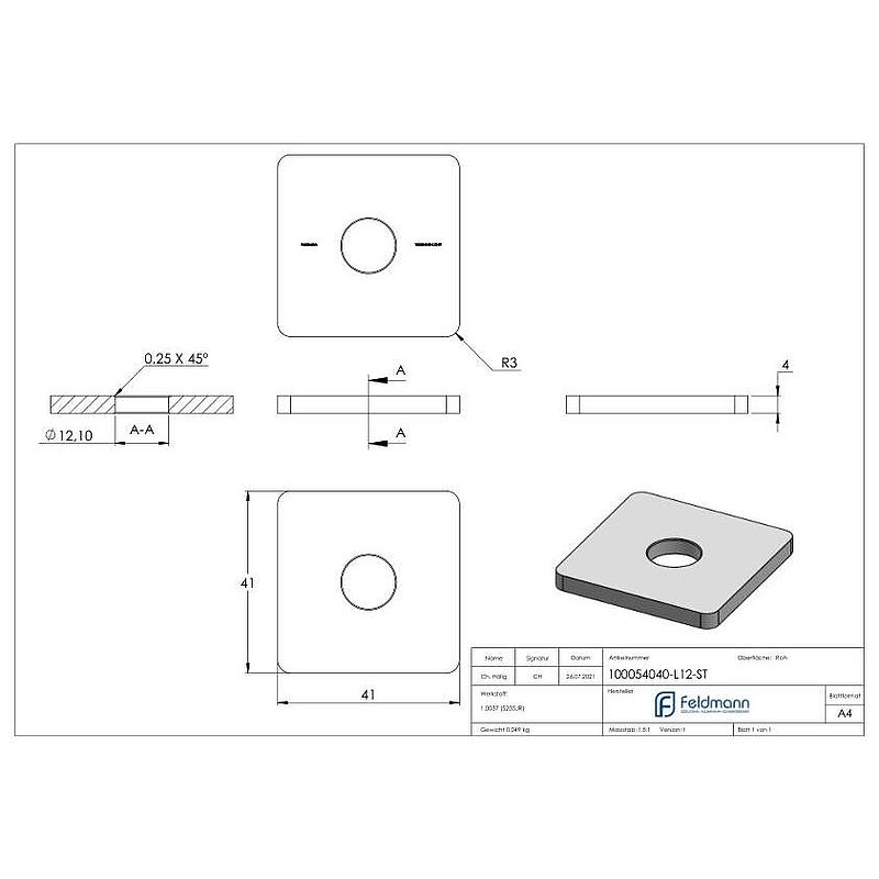 Flachkappe 40 x 40 x 4,0mm mit Bohrung 12,1mm, Stahl roh