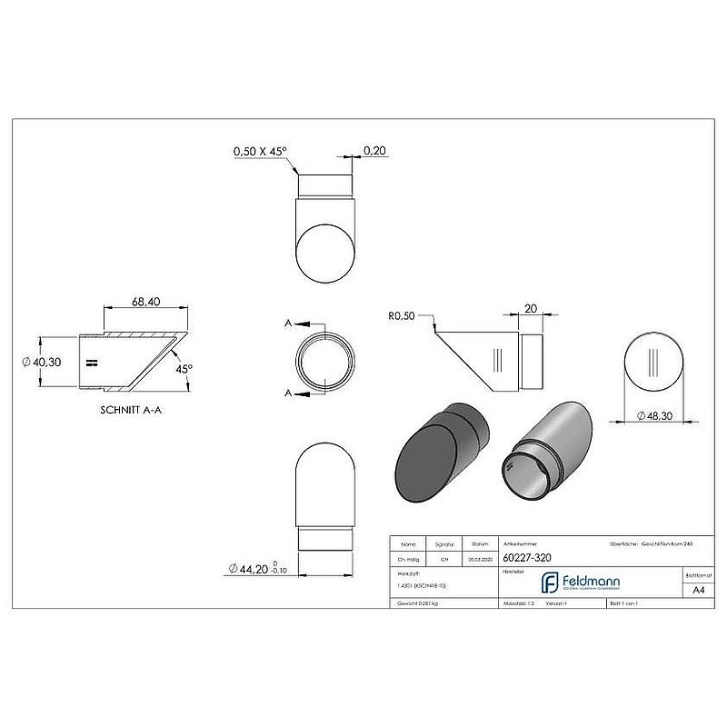 End bend 45°, for tube 48.3x2.0mm, AISI304