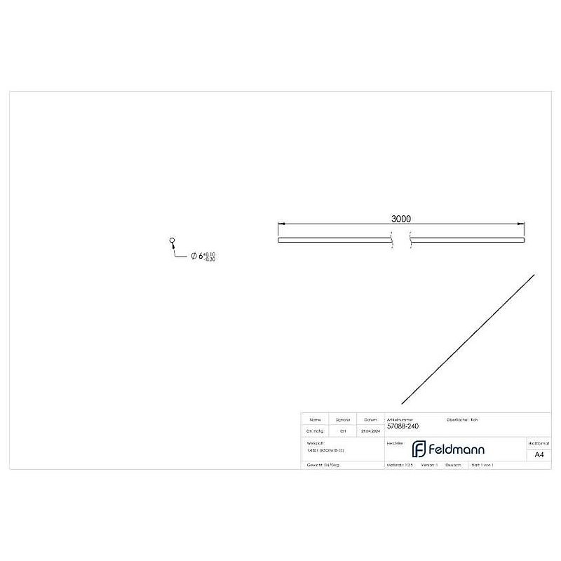 Round material, 6mm, unpolished, L: 3000mm, AISI304