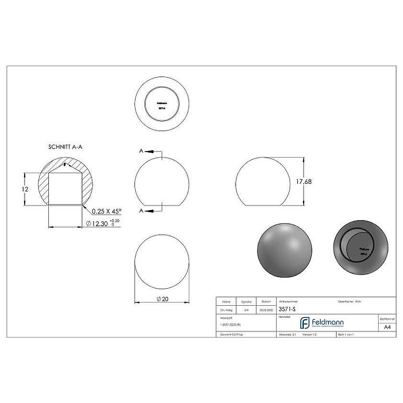 Solid ball 20mm, with blind hole 12.3mm