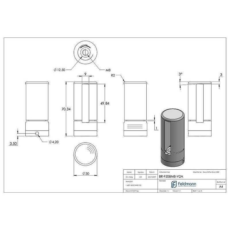 Brenk base holder for flat bars 50x8mm, AISI304
