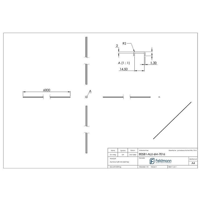 Kantenschutz EXTRA SLIM, für Glas 12,00 - 13,52mm, L: 6000mm, Aluminium RAL 7016