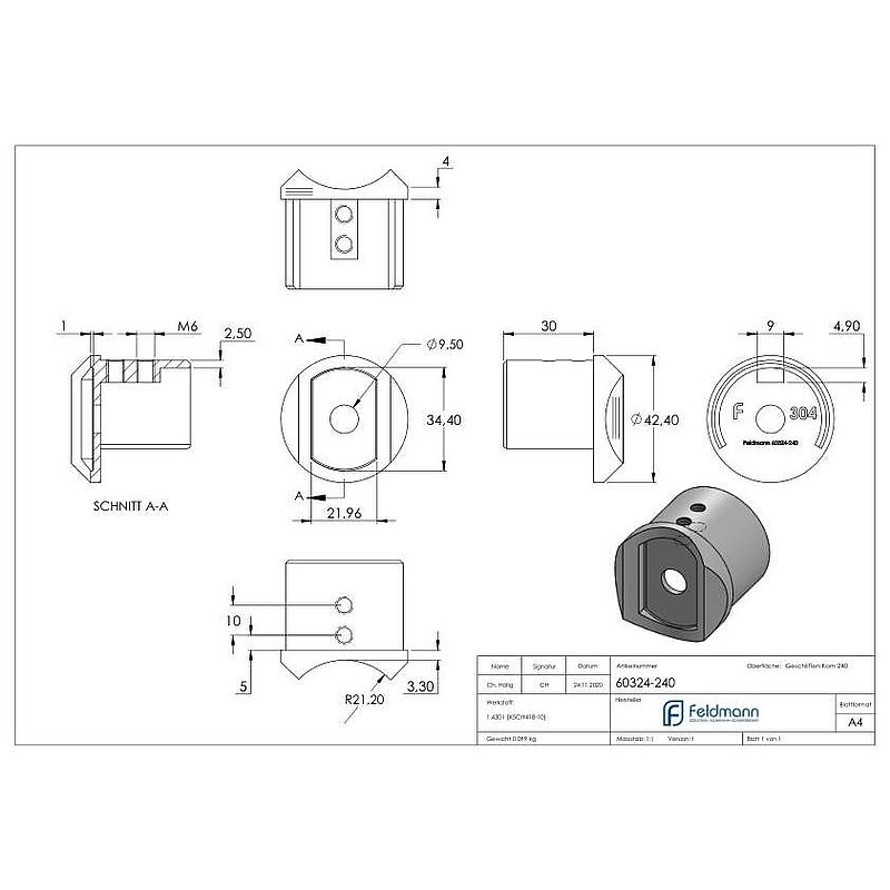 Adaptateur pour tube à fond de gorge raccord Ø 42,4mm, V2A