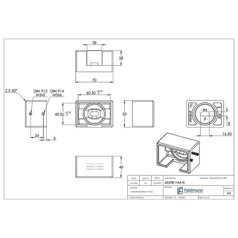 Wandbefestigung für Nutrohr 60x40mm, rechts, V4A