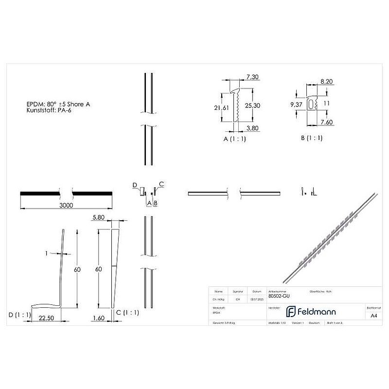 Montageset für 3m Aluprofil für Glas 20,76 - 21,52mm