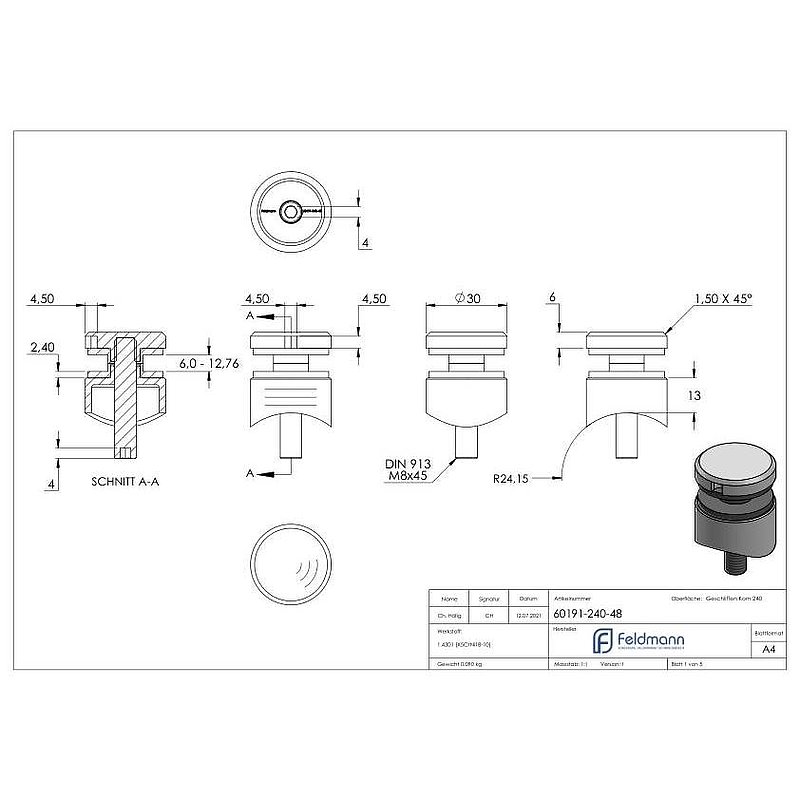 Point de fixation 30mm, jonction: 48,3mm, V2A