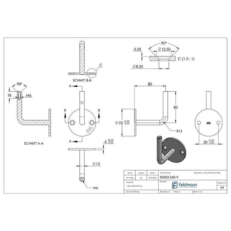 Handrail bracket with M6 internal thread (disc and bracket welded), AISI304