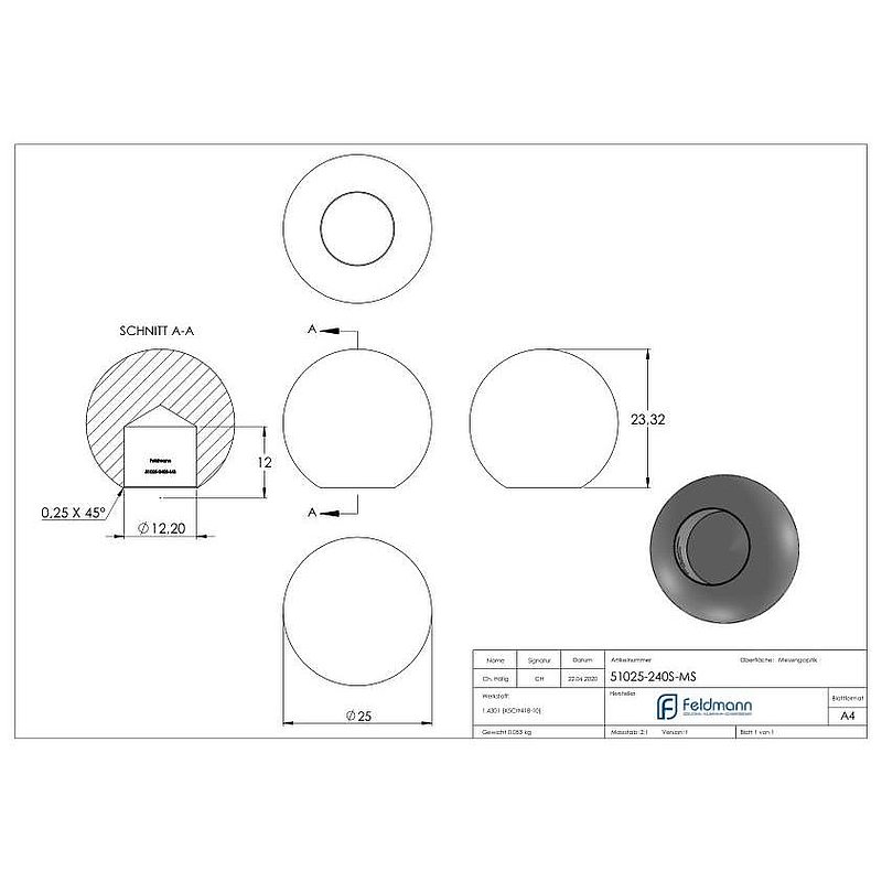 Messingkugel Ø 25mm mit Sackloch 12,2mm