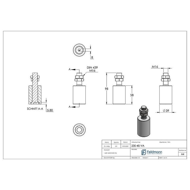 Guide roller Ø 40 x 60mm, thread M16, V2A