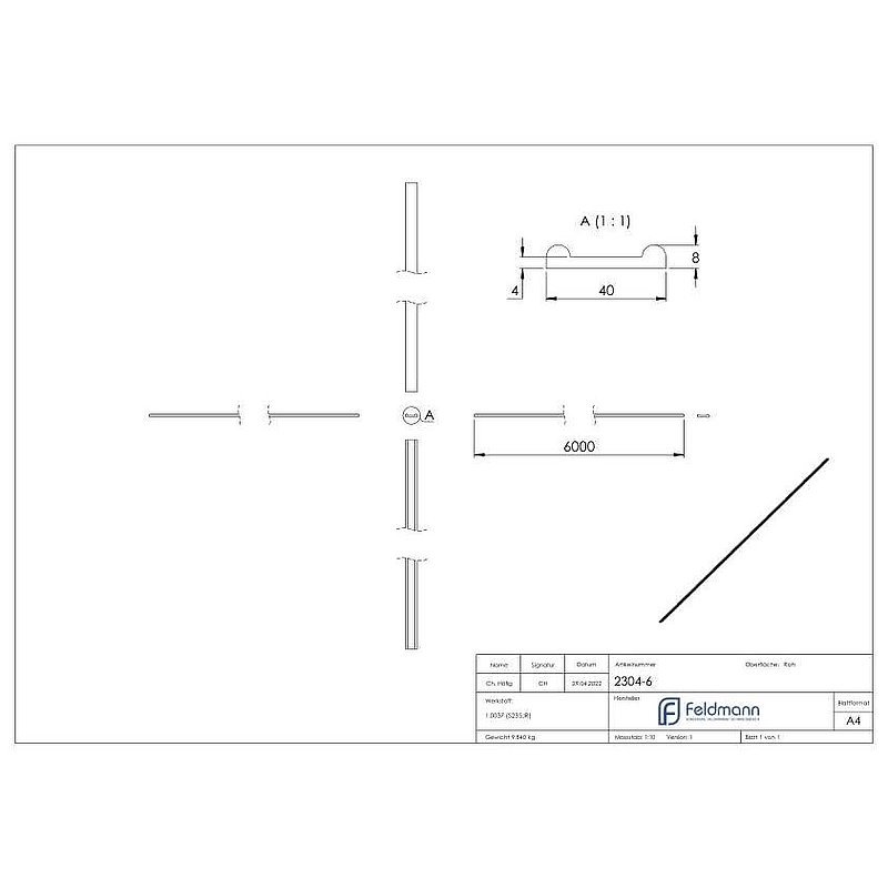 Hespene iron S235JR, 40x8x4mm, L: 6000mm