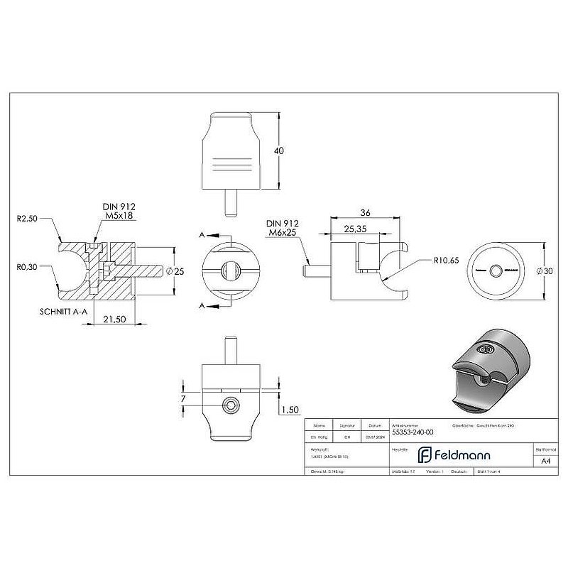 Halter für rundes Klemmprofil 21,3mm Anschluss: flach, V2A