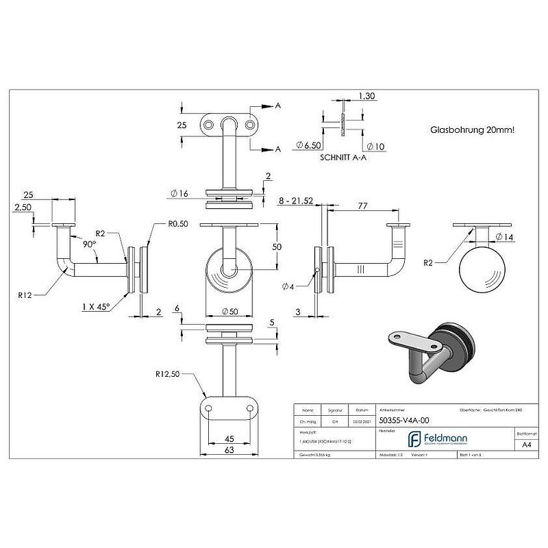 Handrail holder for glass, handrail connection plate flat, AISI316