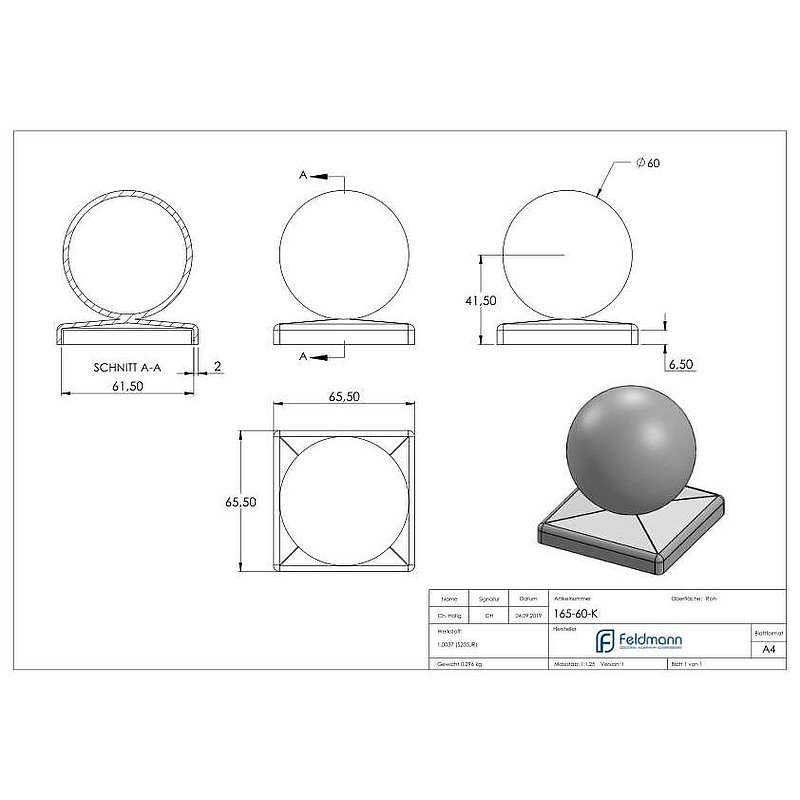 Capuchon 60x60mm avec boule creuse Ø60mm