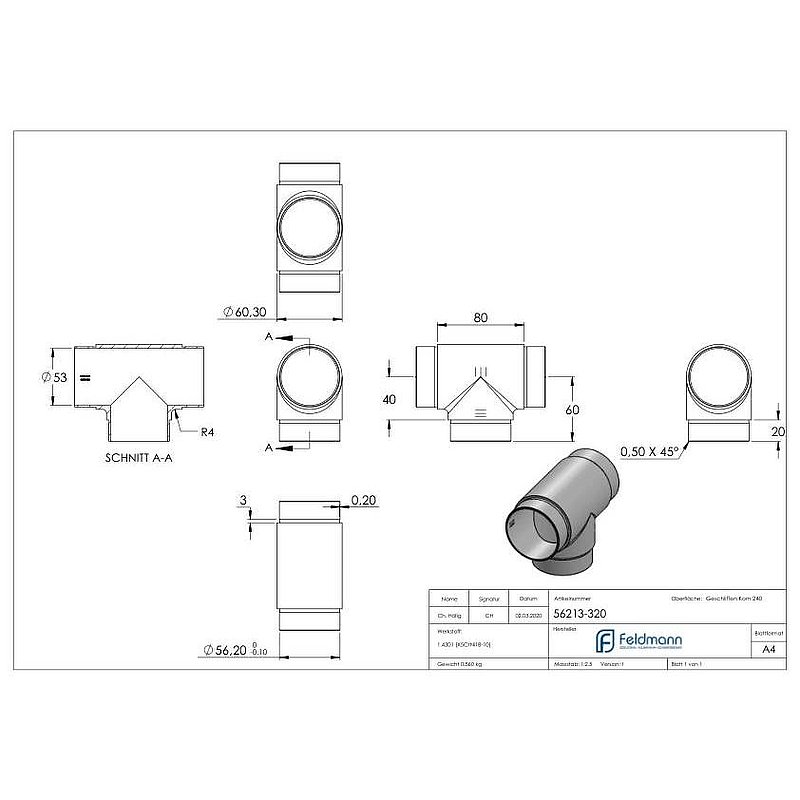 T-Stück egal, für Rohr 60,3x2,0mm, V2A