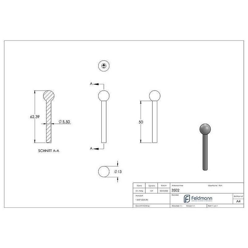 Ball head bolt, ball 13mm