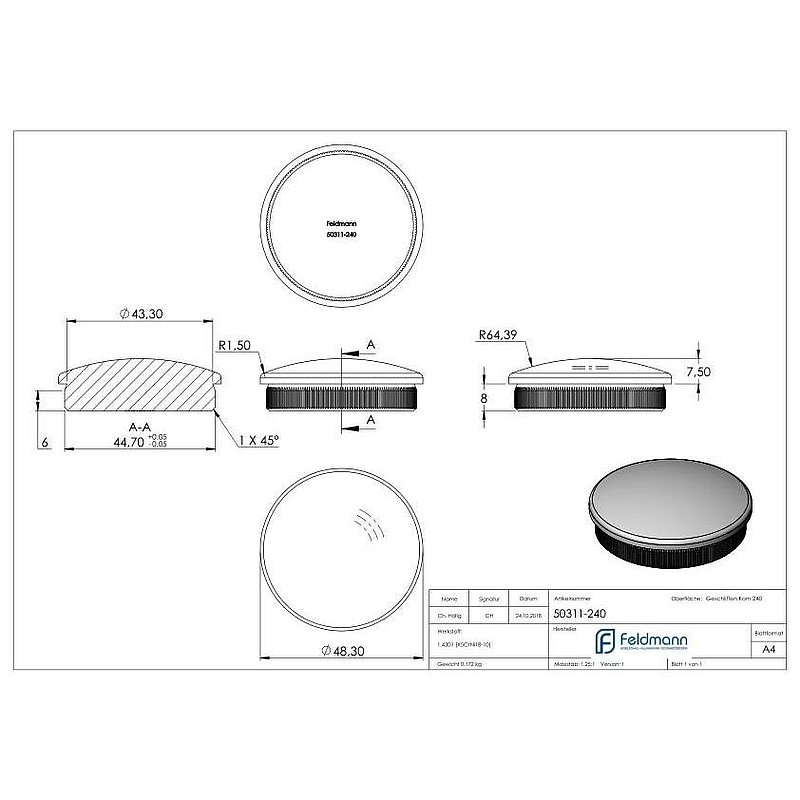 Rohrabschlussstopfen, für Rohr 48,3x2,0mm, V2A