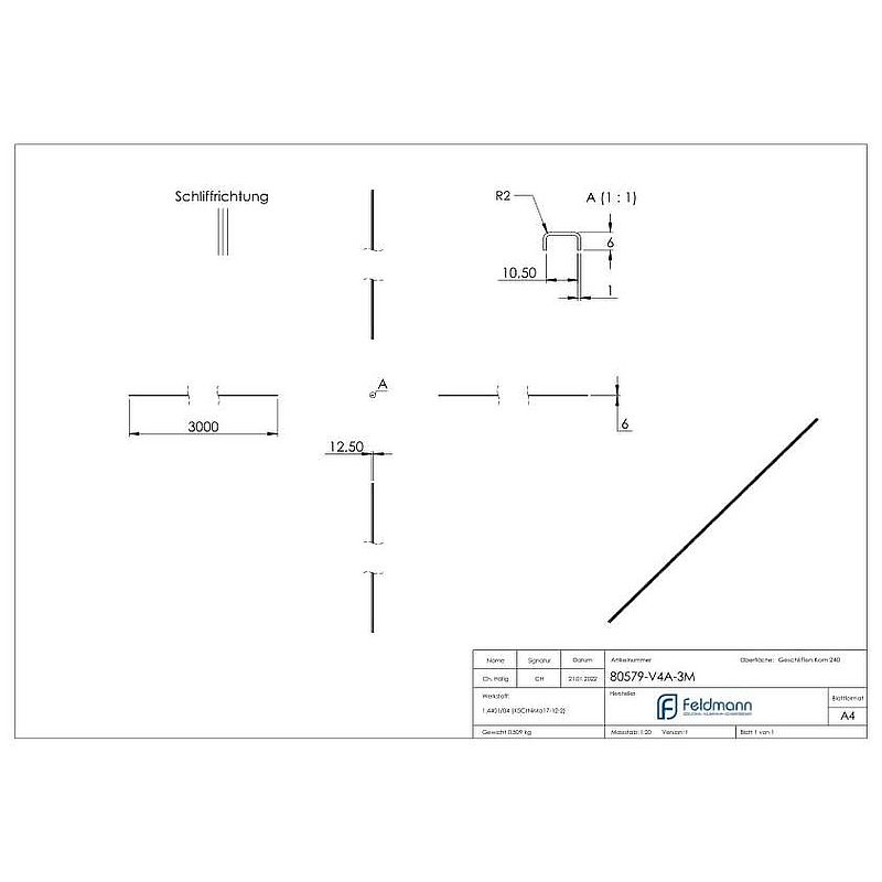 Kantenschutz EXTRA SLIM, für Glas 8,00 - 9,52mm, L: 3000mm, Edelstahl V4A