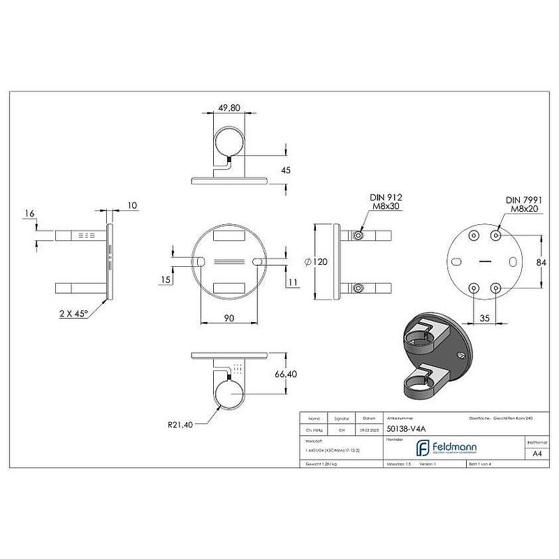 Wall mounting for railing posts 42.4 mm, AISI316