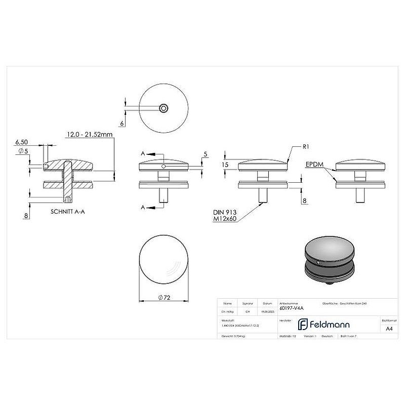 Glass point holder 72mm, connection: flat, AISI316