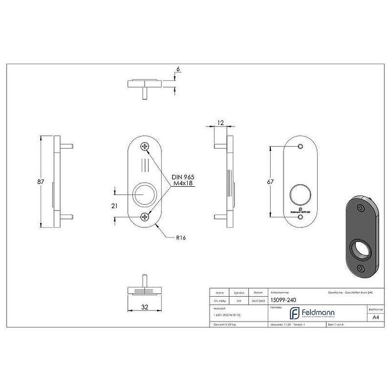 Short backplate, dimensions: 32x87x6mm, AISI304