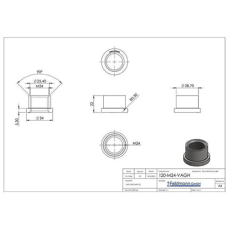 Douille taraudée, adapté au gond 120-M24-VA, pour tube plat, V2A